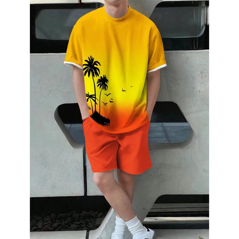 Letní Ležérní Každodenní Pánské Triko Outdoor Sportovní Plážové Kalhoty Street Fashion Krátký rukáv a Šortky se stahovací šňůrkou Pánský oblek