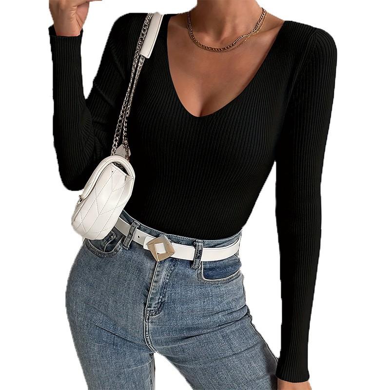 Womens V-Neck Long Sleeve Slim Fit Knit Top - Solid Color Cropped Sweater Layering Casual Chic Style