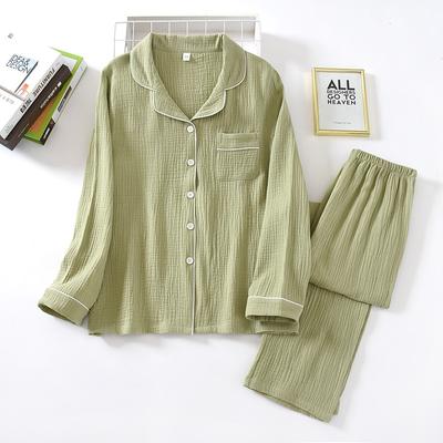 New Spring and Autumn Pure Cotton Crepe Cloth Couple Soft and Breathable Long-sleeve Simple Home Service Women Two Piece Set