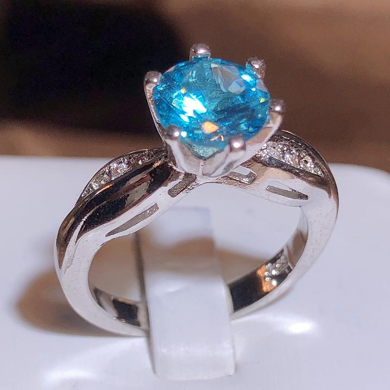New Inlaid Topaz Sky Blue Round Zirconia Ring Female Fashion Jewelry Party Birthday Gift