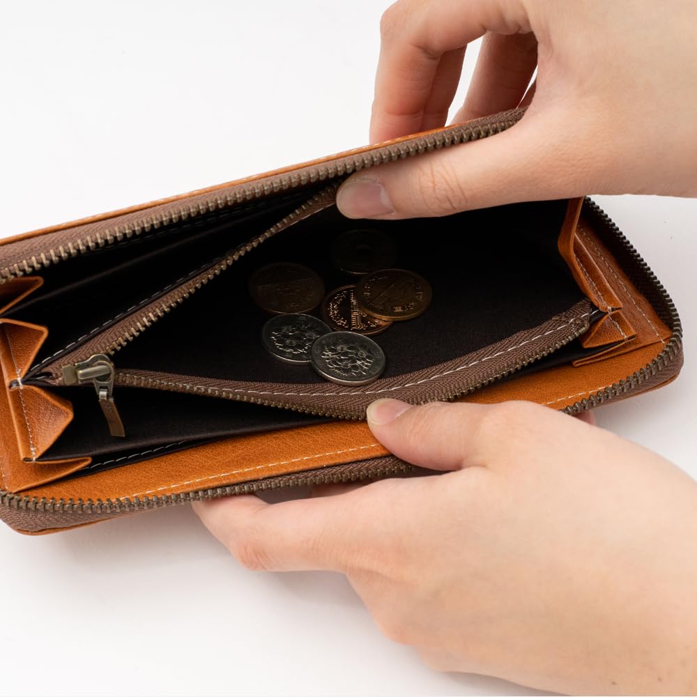 [e-mono] Genuine Leather Long Wallet, Tochigi Leather, Skimming Prevention, Round Zipper Wallet, Cowhide Leather, Zipper Purse, Long Wallet,