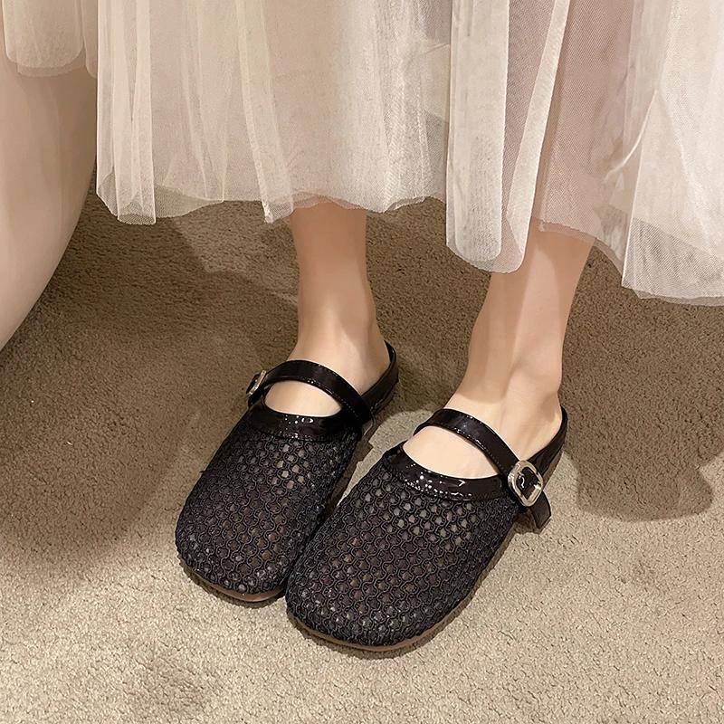 Women's Mules Flat Sole Cover Toe Mesh Upper Anti-Slip Sole Womens Slippers Dress Small Shoe Size Breathable Zapatillas De Mujer
