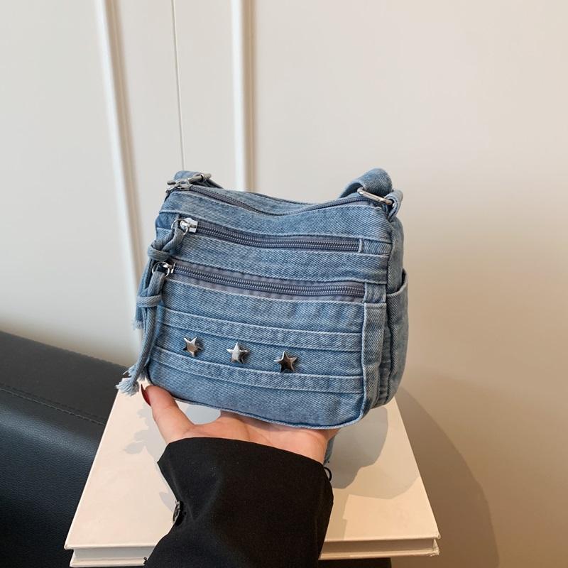Womens Denim Crossbody Bag Casual Small Shoulder Purse Multi Zipper Handbag for Daily Use