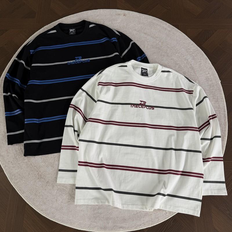T-shirt a maniche lunghe a righe oversize da uomo - Vestibilità larga in cotone con girocollo Stile Retro Americana Abbigliamento casual autunnale