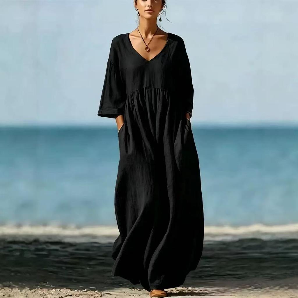 2026 Spring Summer~ New V-neck 5-point sleeve casual loose long cotton and linen dress