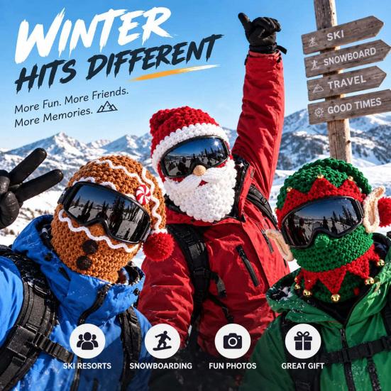 Warm Christmas Face Masque 3D Knitted Ski Masque, Funny Santa Claus Elf Gingerbread Balaclava, Unique Gift for Skiers Winter Full Cold