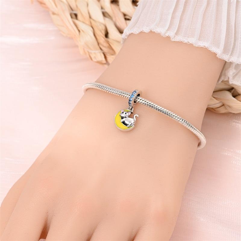 Colorful Cat Playing Ball Safety Chain Lamb Bead Moon Pet Dangle Charm Fits Original Bracelet & Necklace Zircon Gift