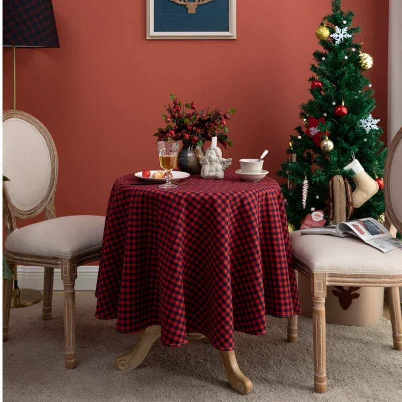 Ins Nordic Christmas Red and White Plaid Tablecloth Cotton and Linen Round Party Decoration Hotel Restaurant Placemat Reusable