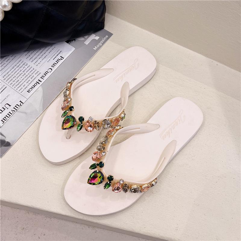 Summer Peach Heart Rhinestone Flip Flops - Women's Casual Beach Flats