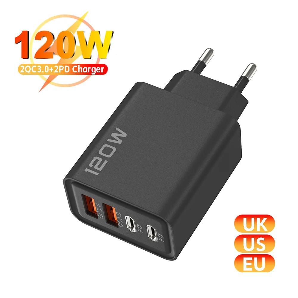 

Total 120W 4 Ports USB Charger PD Type C Fast Charging Mobile Phone Adapter For iPhone Samsung Xiaomi Huawei QC 3.0 Wall Charger EU Black