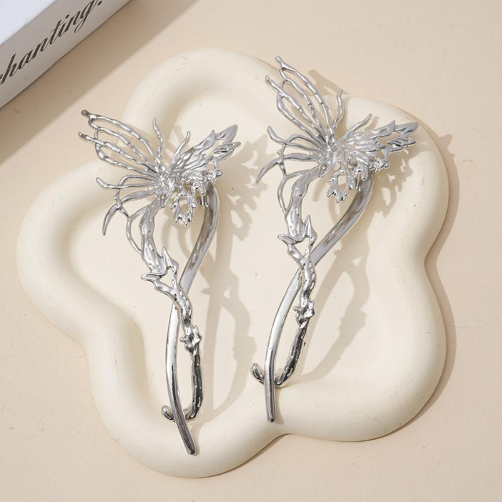1pc Gothic Silver Metallic Hair Pins Intricate Butterfly Flower Design Perfect for Fantasy Inspired Looks Dark Academia Styles
