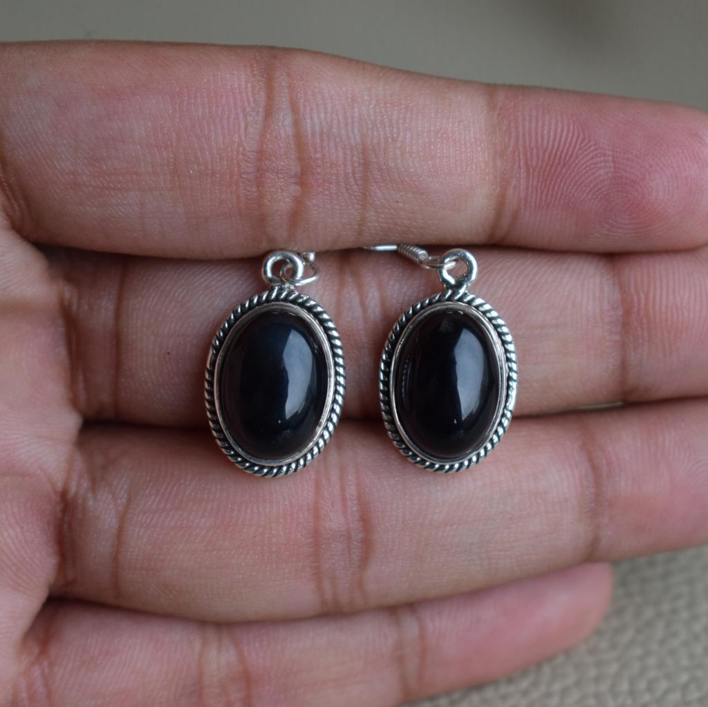 Natural Black Onyx Earrings, Handmade Earrings for Her, 925 Sterling Silver Earrings, Oval Onyx Earrings, December Birthstone, Boho Earrings