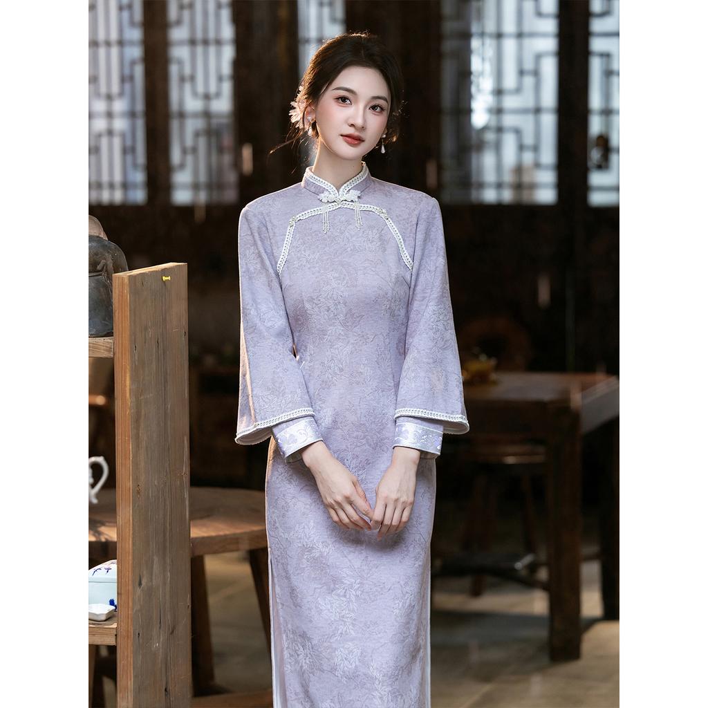 Purple jacquard autumn and winter national style new Chinese long-sleeved cheongsam improved young women's retro daily can