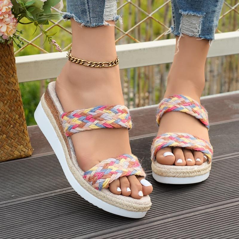 Fashion Bohemia Colorful Woven Strap Slip On Sandals Women Summer Round Toe Wedge High Heel Sandals Deodorization Fabric Insole Shoes