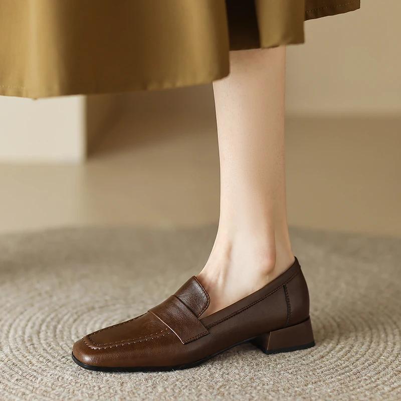 

2024 Новая Весна Женская Обувь Сплит Кожа Лоферы Квадратный Носок Массивный Каблук Женские Туфли-Лодочки Обувь для Женщин Ретро Женская Обувь 40