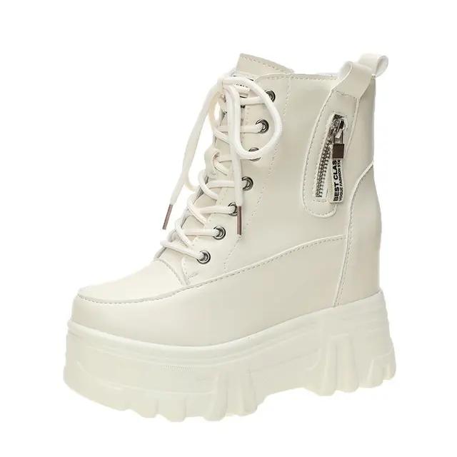 New Women's Thick Soled Ankle Boots 2024 Winter Thick Soled Casual Sports Shoes High Top Leather Lace Up Short Boots