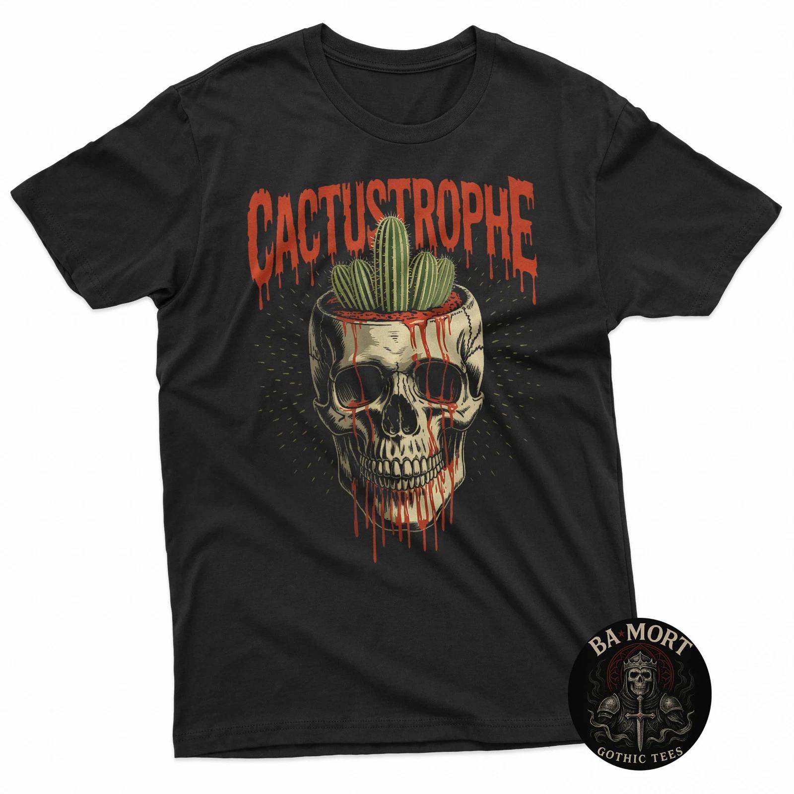 Desert Horror Skull With Cactus Head And Dripping Red Text T-Shirt S