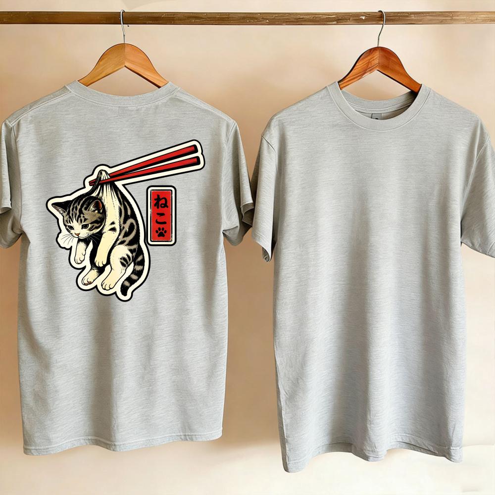 Unisex Vintage Japanese Tabby Cat Hang By Chopsticks Kanji Graphic TShirt Retro Ukiyoe Style Funny Kitten Print Casual Cotton Top