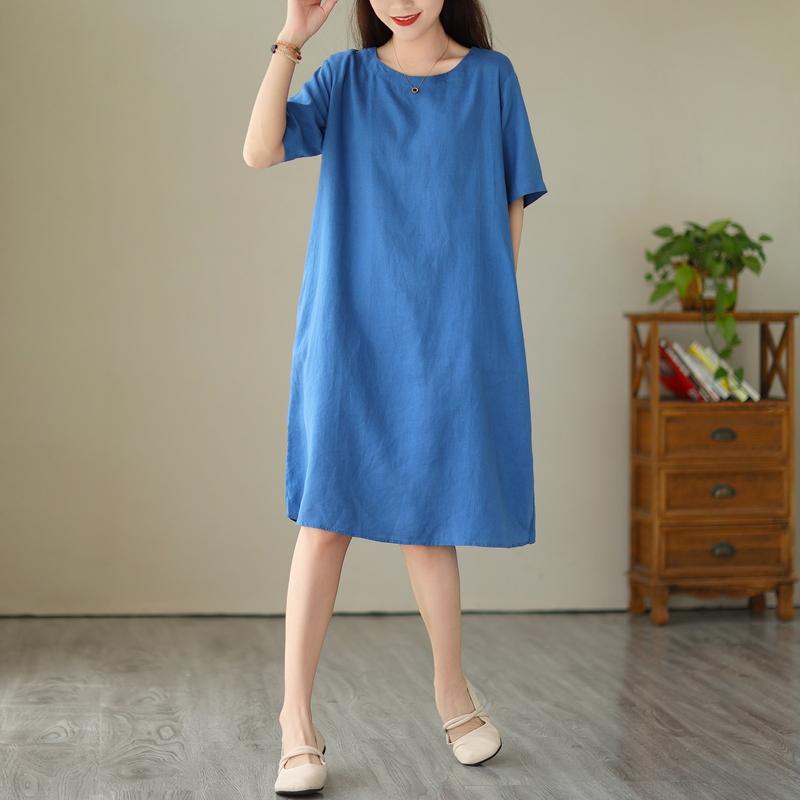 Dimanaf 2025 Women Solid Linen Summer Print Dress Casual Ladies Basic Long Dress 9295