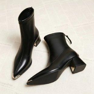 French pointed high-heeled short boots women's autumn and winter metal head thick heel commuting versatile rear zipper women's boots