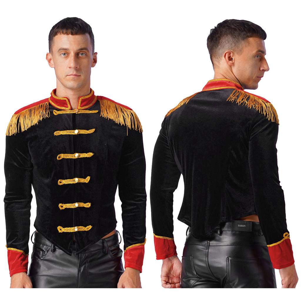 M-3XL Mannen Circus Ringmeester Kostuum Halloween Fluwelen Jas met Franje Schouderstukken & Opstaande Kraag, Gotische Cosplay Jas