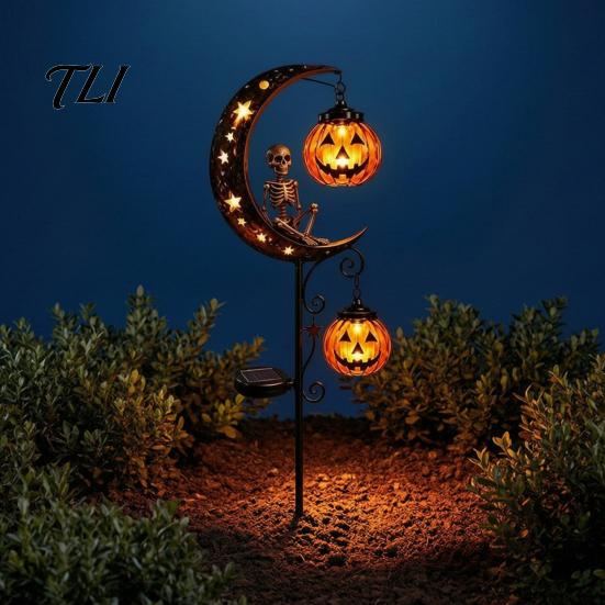 Glowing Pumpkin Landscape Lights Solar Halloween White Ghost Moon Garden Stake Light, Waterproof LED Automatic Powered Lamps Yard Decoration,