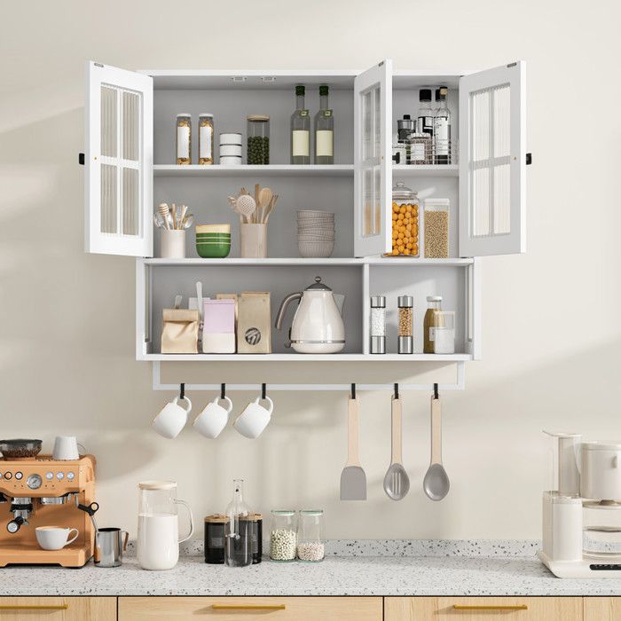 Armoire murale de salle de bain avec compartiments de rangement ouverts et dissimulés, finition blanche