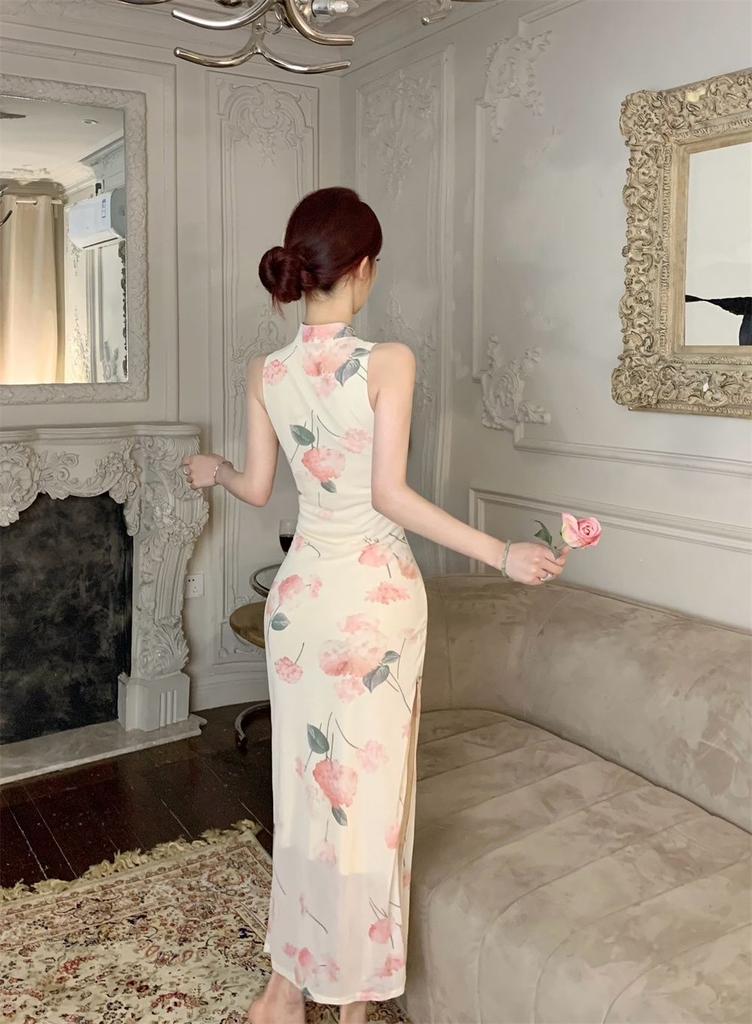 New Chinese-style Imperial Sister Improved Cheongsam Women's Summer New Sexy Pure Desire Printing Split-ended Hip-wrapped Neck Dress