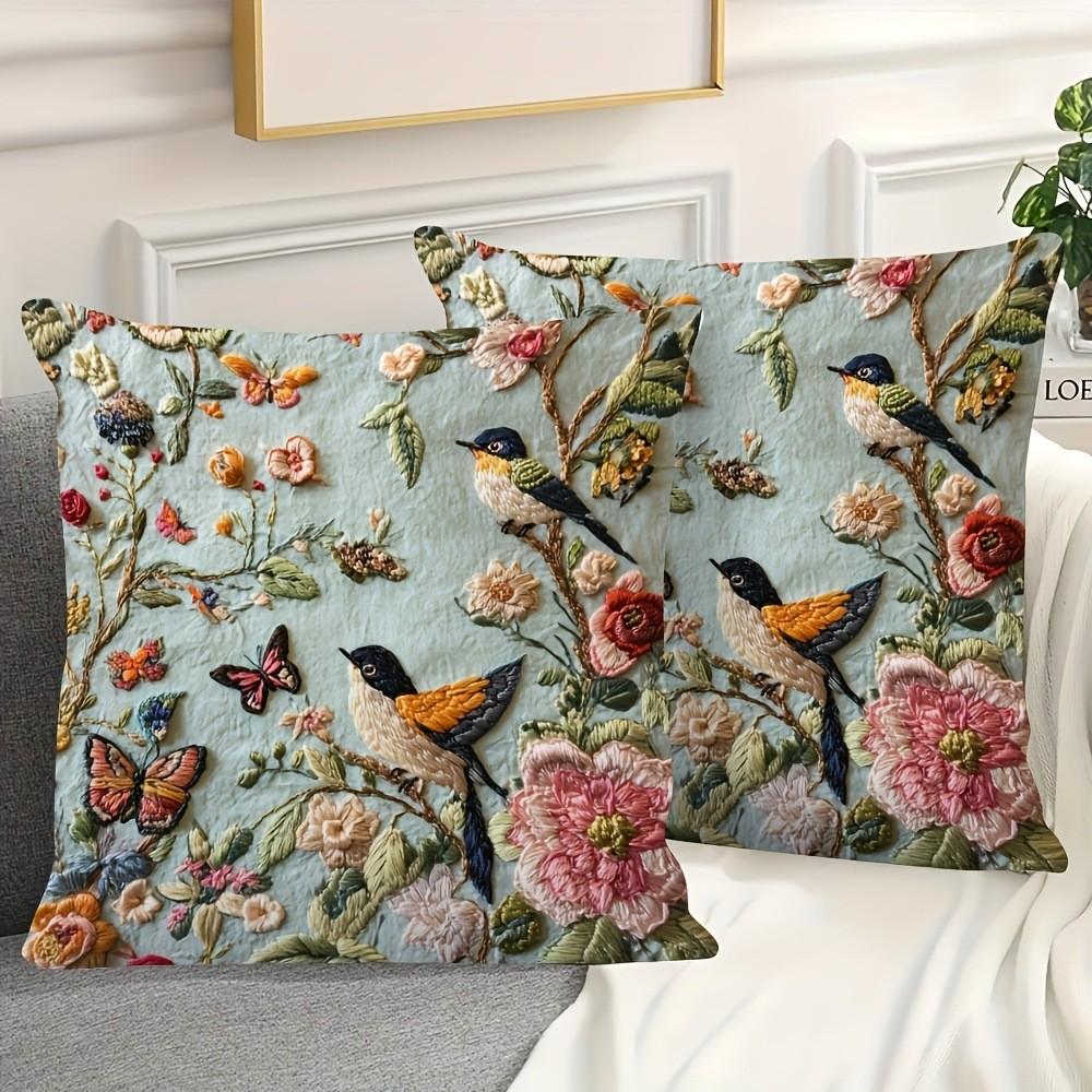 Funda de Cojín de Terciopelo Bordada con Pájaro y Mariposa Floral Para Decoración de Sala de Estar