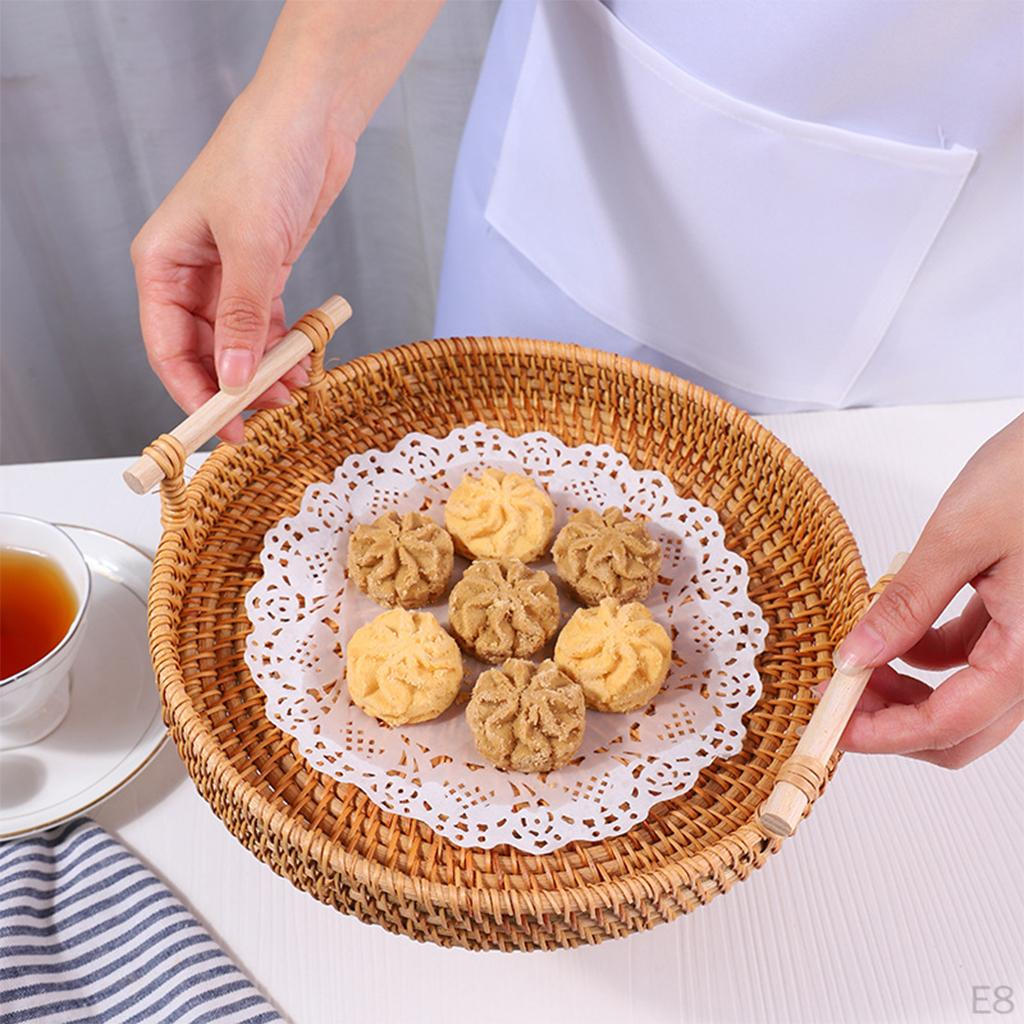 Round Rattan Basket Durable Handwoven Bread Decorative Organizer Rustic Style Snacks Biscuits with