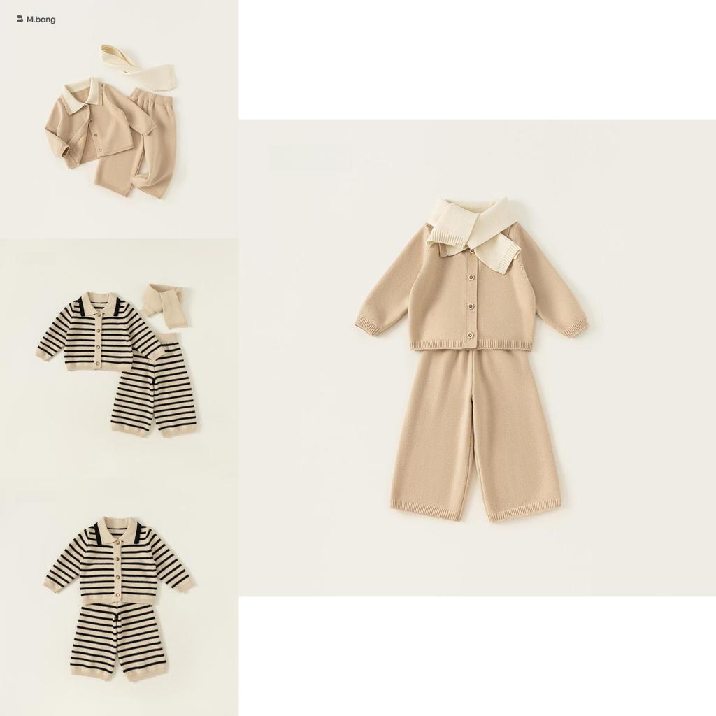 Childrens Striped Knit Threepiece Set With Long Sleeve Pants For Toddler Girls