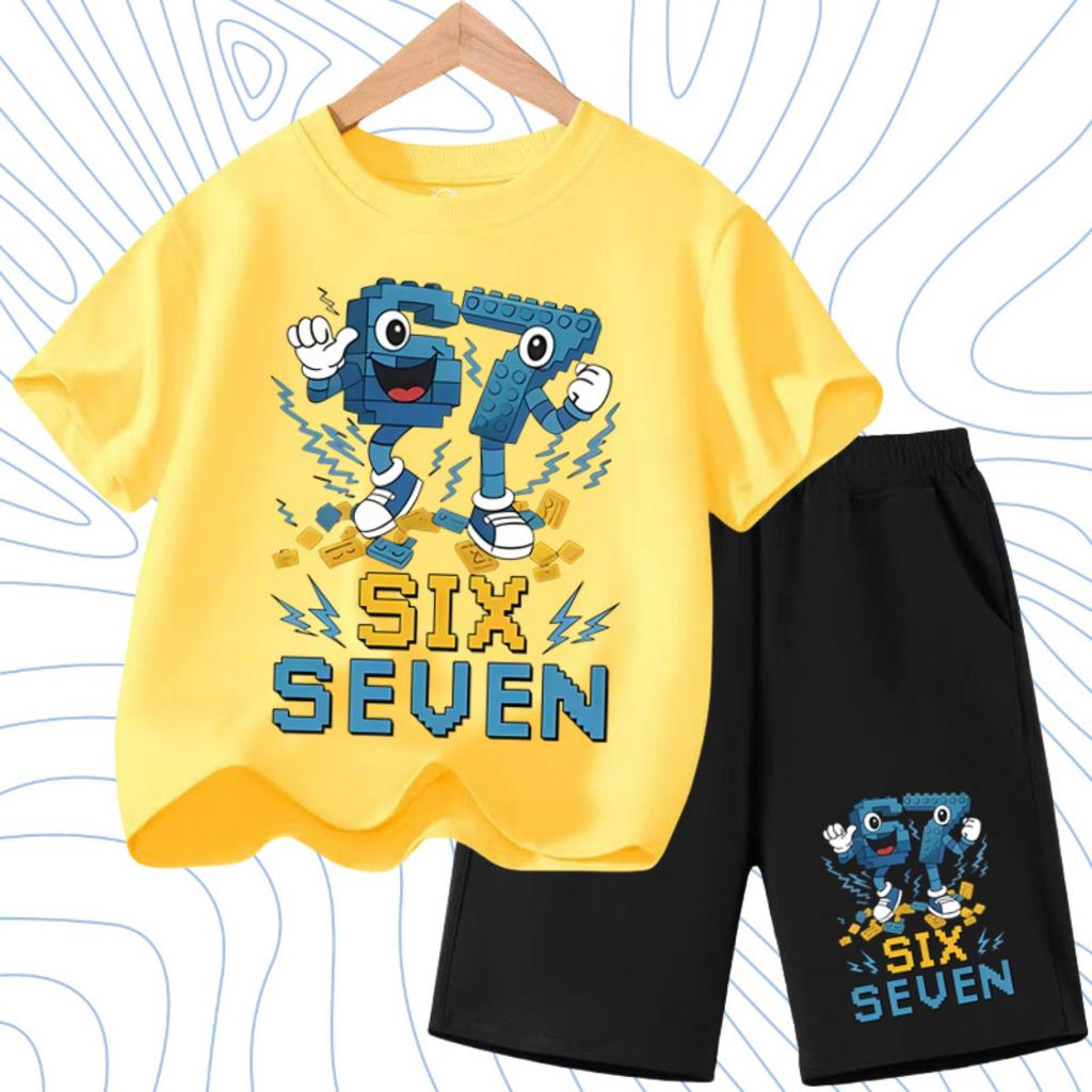 Nuova T-shirt Estiva Fresca per Bambini con Stampa Numero Sei Sette (67) 3-12 Anni Abbigliamento Cartone Animato Manica Corta + Pantaloncini Set Sportivo Casual per Ragazzi e Ragazze
