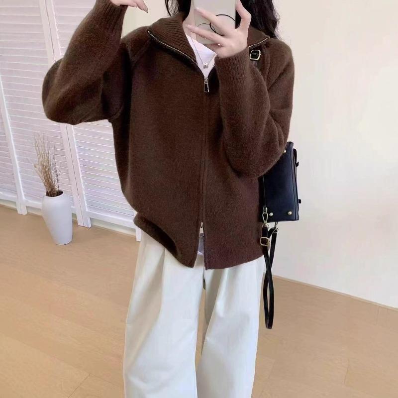 New Simple Temperament Stand-up Collar Double Zipper Knitted Cardigan Women's Shoulder-plugged Reverse Cover Long-sleeved Thick Coat