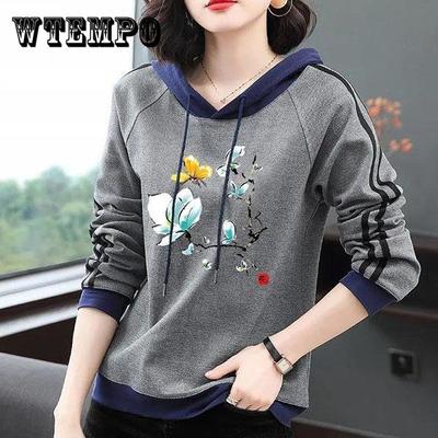 Suéter feminino de algodão com capuz, primavera e outono, tamanho grande, estampa solta, blusas femininas, manga comprida, casaco com capuz