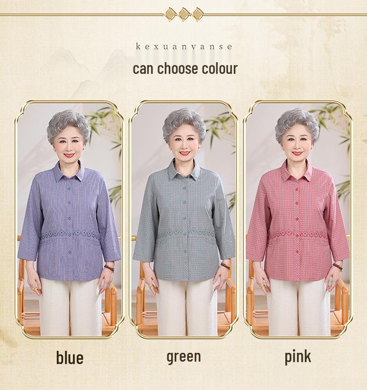 Vintage 60s-80s Grandma Cotton Blouse: Spring/Summer Seven-Sleeve Top for Elderly Women