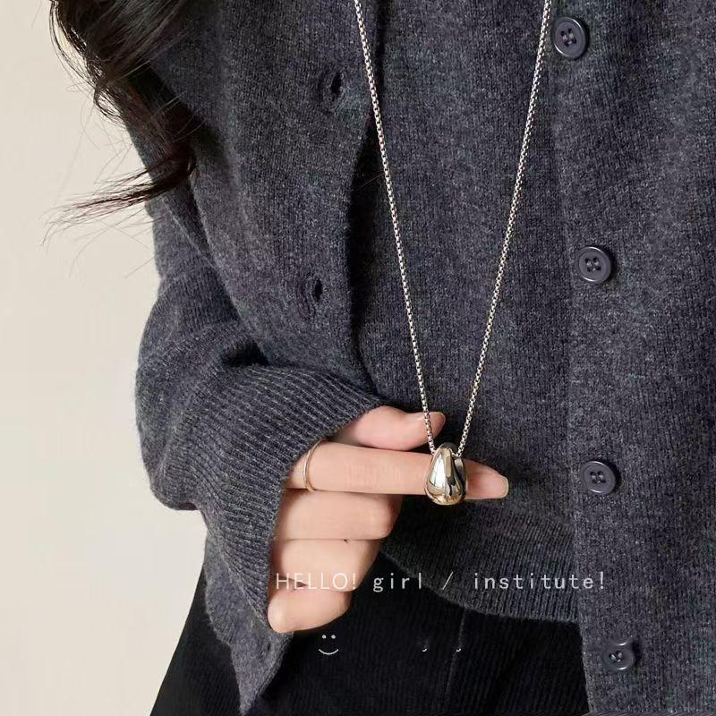 Minimalist Sterling Silver Water Drop Pendant Necklace - Versatile Long Layered Light Luxury Accessory for Women, Perfect for Autumn/Winter Sweaters.