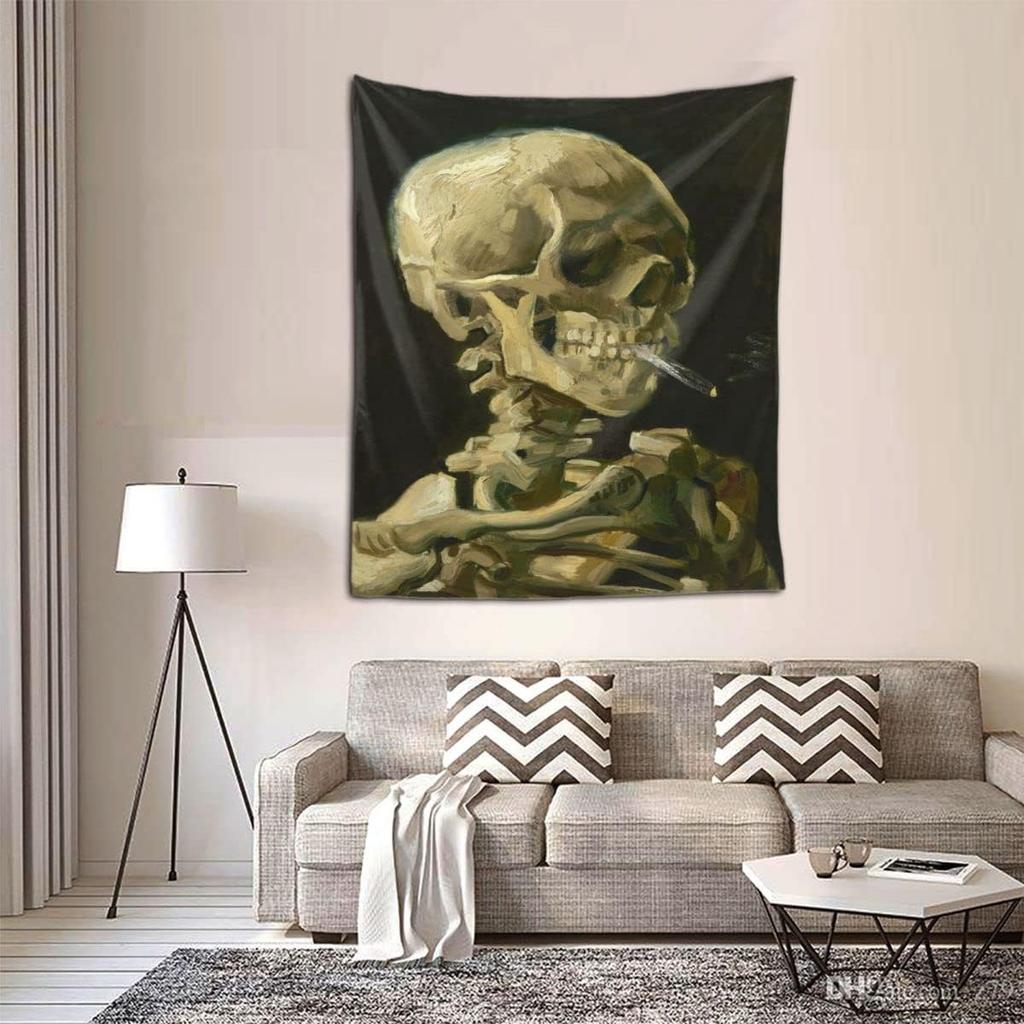 Tapestry Wall Hanging Art Home Decor,Skull of a Skeleton with Burning Cigarette by Vincent Van Gogh Art Print Painting for