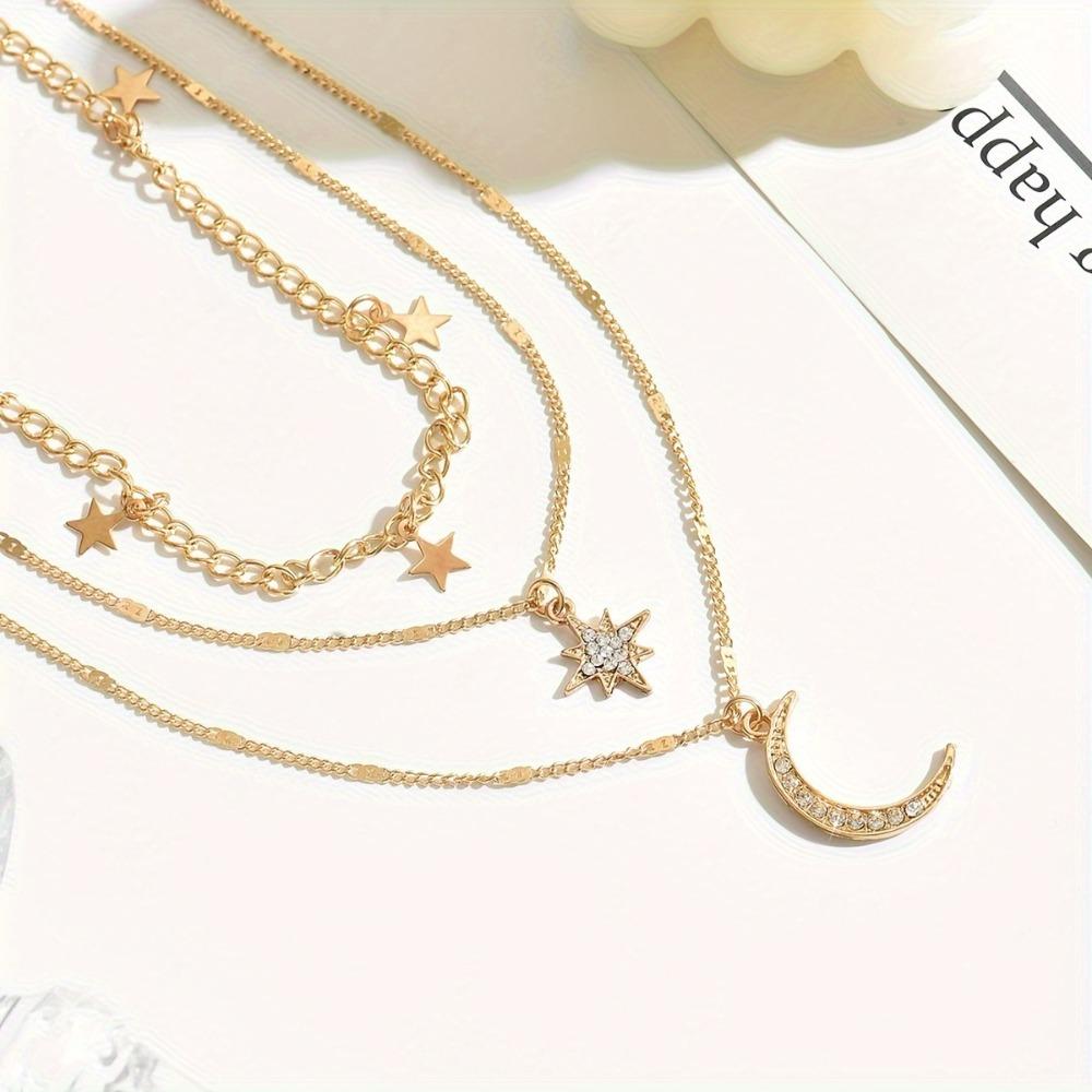 Bohemian Star Tassel Octagonal Star Moon Sparkling Zircon Pendant Multi-layer Necklace for Women Exquisite Collar Chain Jewelry