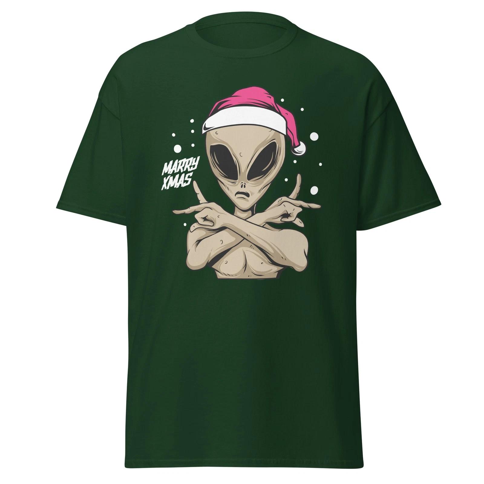 Merry XMAS Christmas Alien Men Women Classic 100% Cotton T-shirt Mens Tees Top 2XL