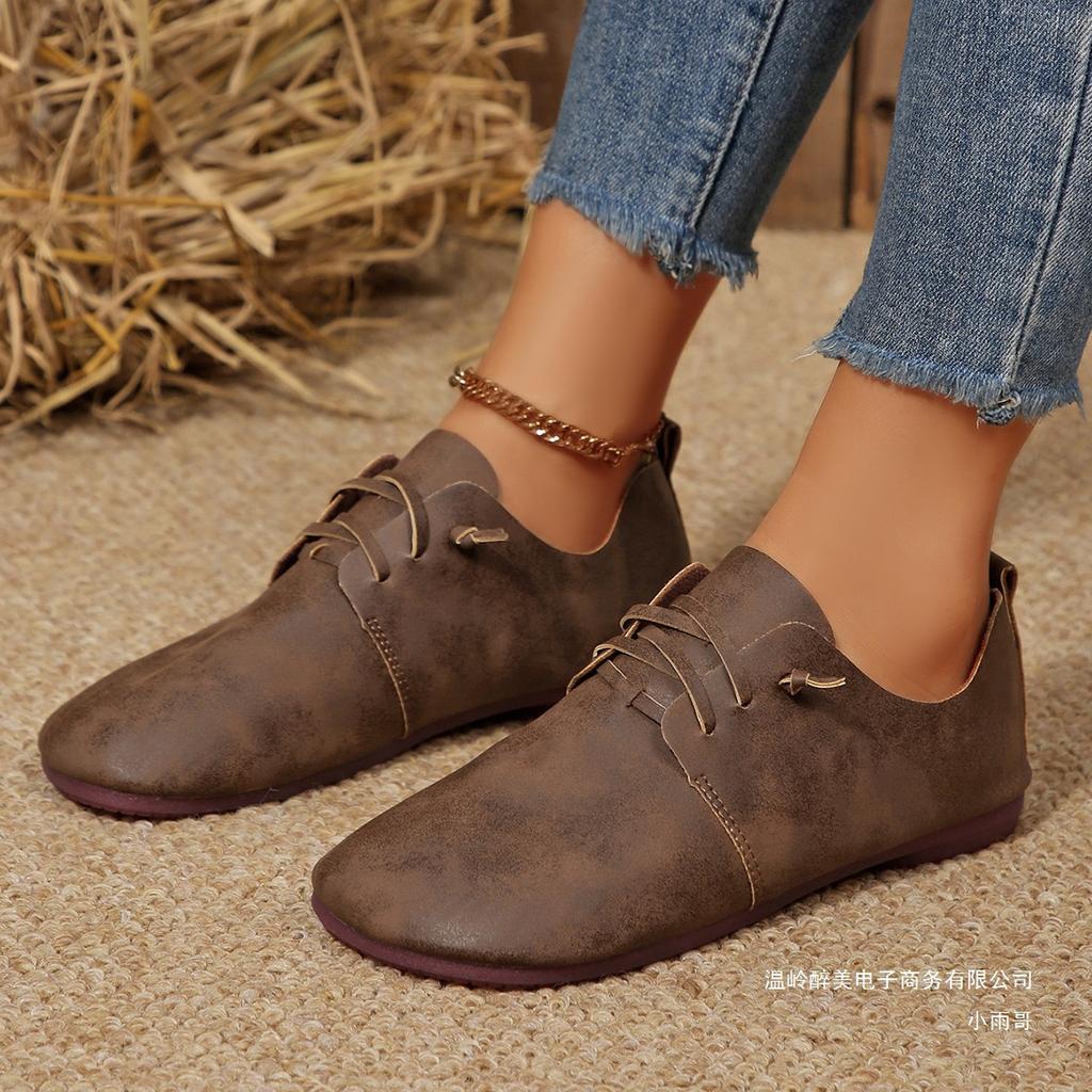 New large size retro style flat-bottomed casual single shoes women's foreign trade low-top front lace-up lazy loafers wish