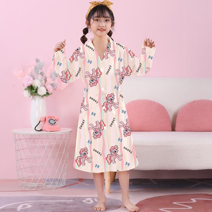 Girls' Combed Cotton Long-Sleeve Pajama Robe - Spring/Summer Bathrobe for Kids, Cute Sleepwear for Middle and Big Girls