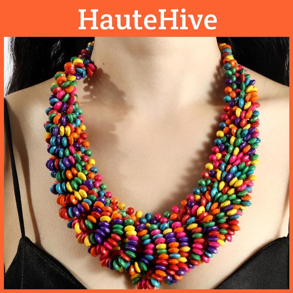 Creative Colored Wooden Bead Woven Necklace Neck Accessories For Stylish Occasions