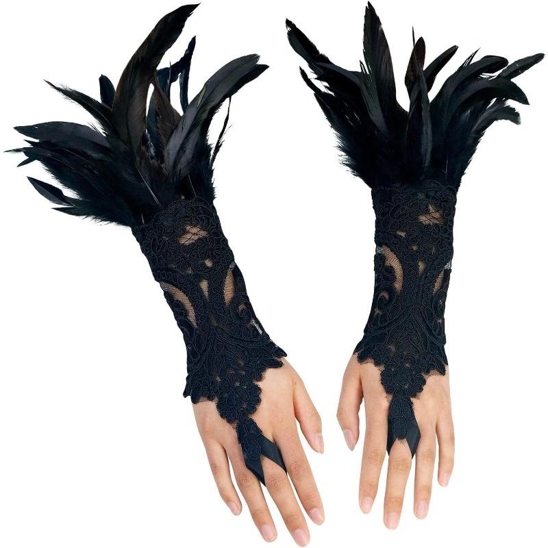 Meier Halloween feather finger hook gloves black lace feather bracelet чёрный
