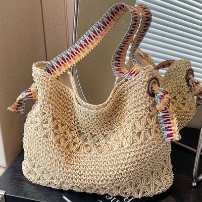 Borsa da spiaggia in paglia alla moda, estiva, intrecciata, con lussuosa borsa a tracolla di grande capacità, borse e borsette in paglia da donna, in rattan, stile boho.