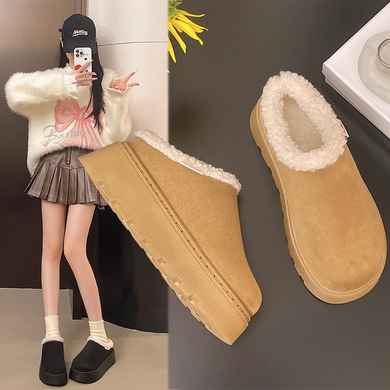2025 Snow Boots for Women Cashmere Warm Platform Without Heel-covered Hair Half Slipper Cotton Shoes for Women