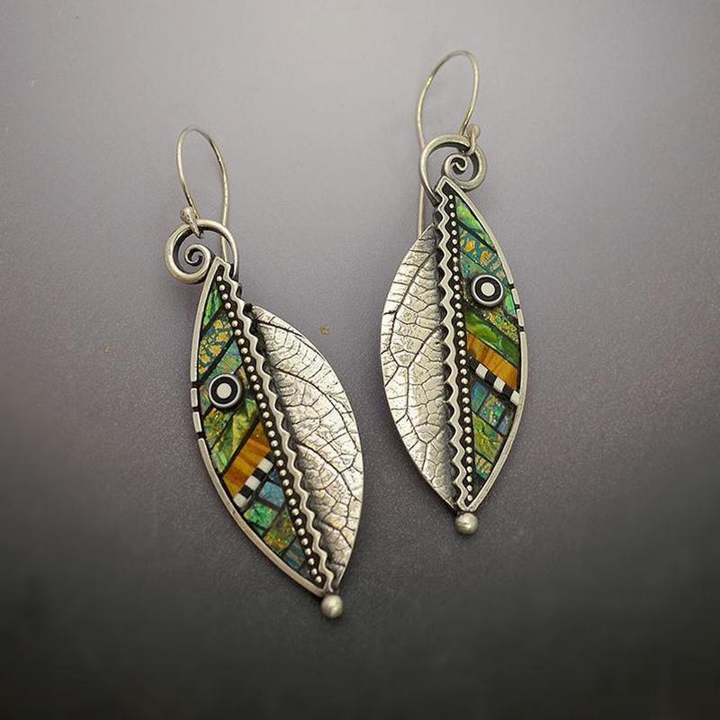 Boucles d'oreilles vintage spirales feuilles vertes pour femmes bijoux ethniques créativité antique longues pendantes zigzag