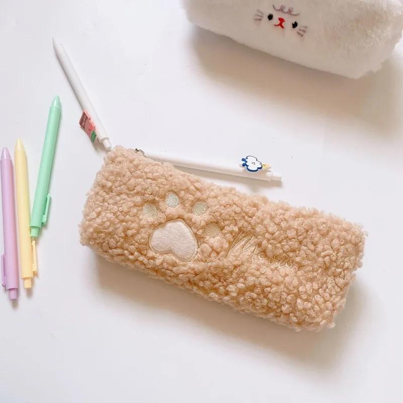 1PCS Hairy Cute Kawaii Cat Paw Plush Pencil Bag Case Girl Supplies Simple Student Stationery Pen Case Storage Bag Gifts for Kids