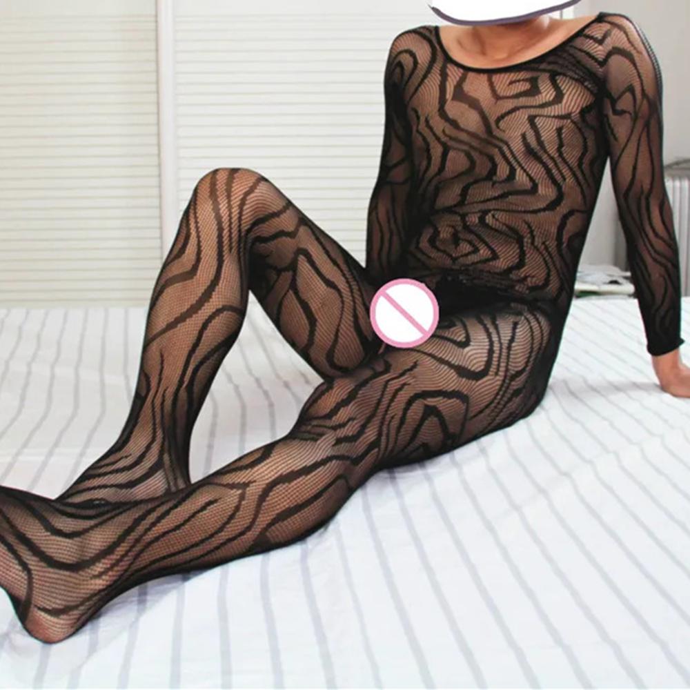 Crotchless Bodystocking Black Man Gay Transparent Net Clothes Sexy Lingerie Bodysuit One Piece Stockings Erotic Sissy Costumes