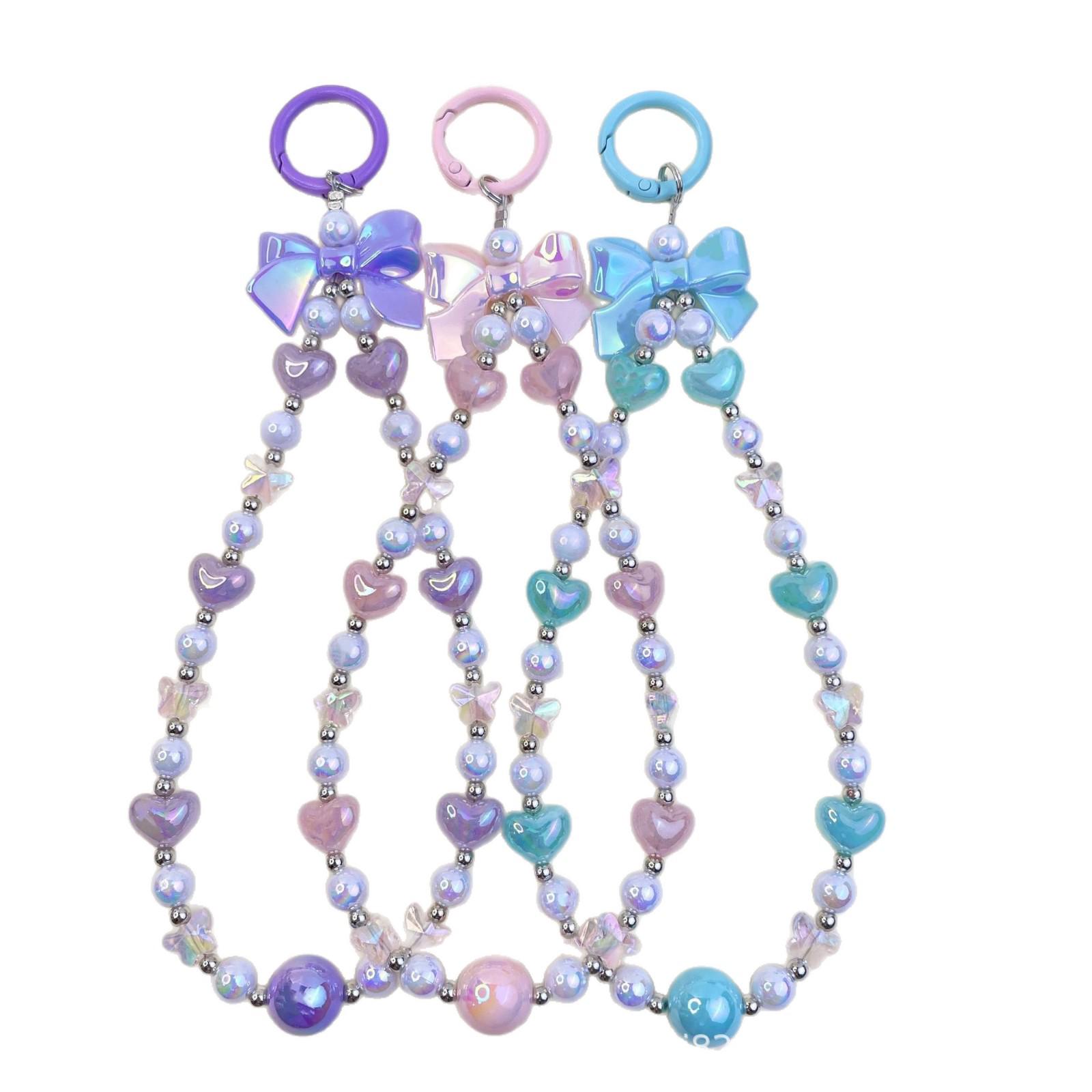 Elegant Heart Bow Pendant Beaded Phone Lanyard Keychain Light Luxury Heart Pendant White (includes spacer)