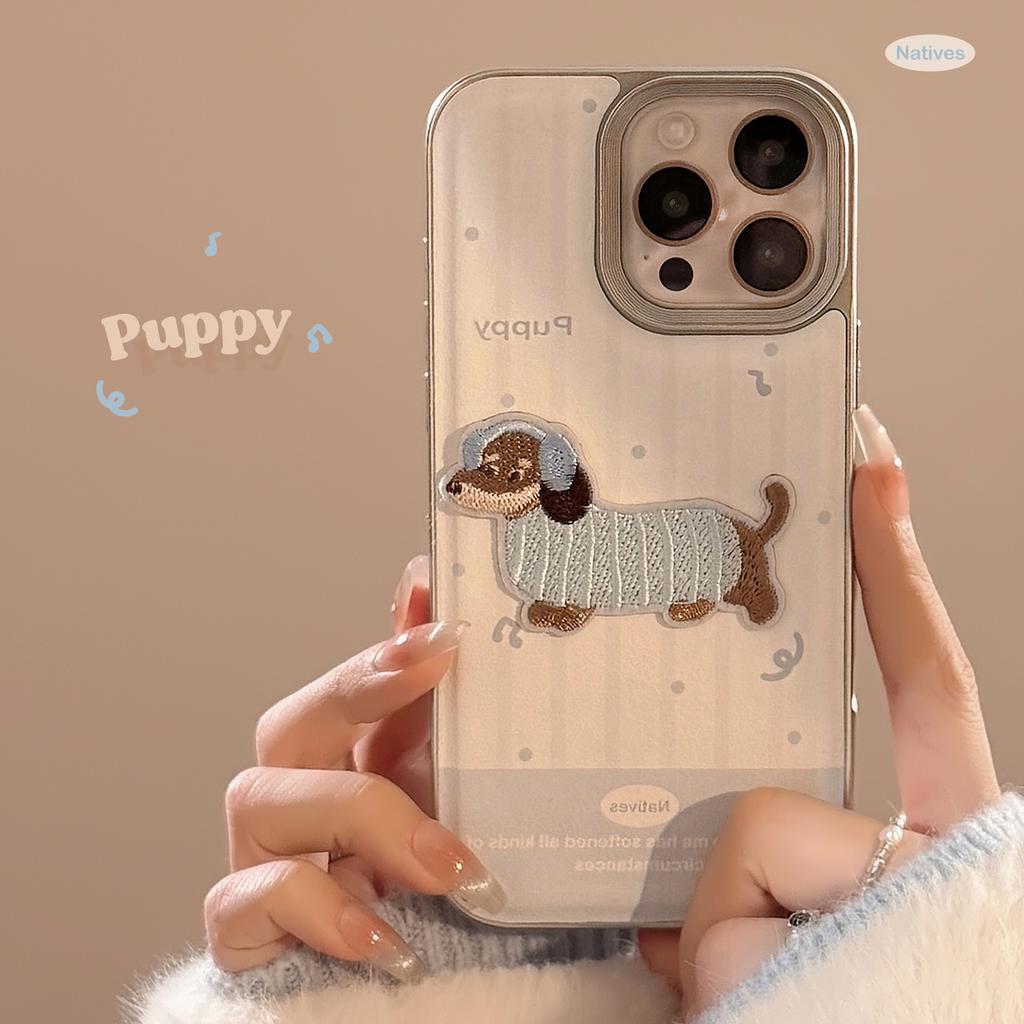 Niedliches Blau Niedliches Gesticktes Hündchen Apple 16 Handyhülle 14promax Leder Dreidimensional Geeignet für IPhone 15 Weich 11